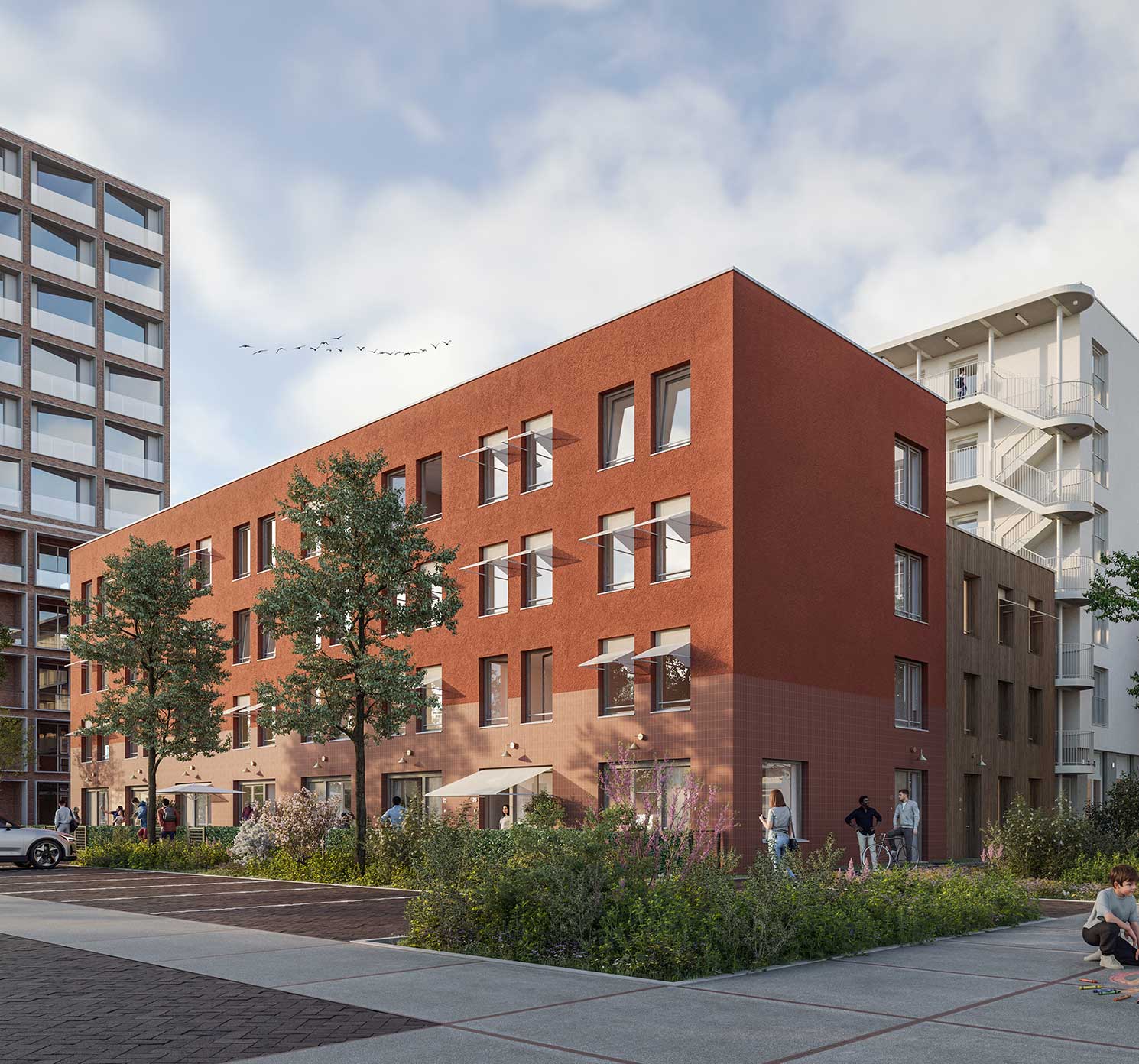 De stadswoningen gezien vanaf de straat