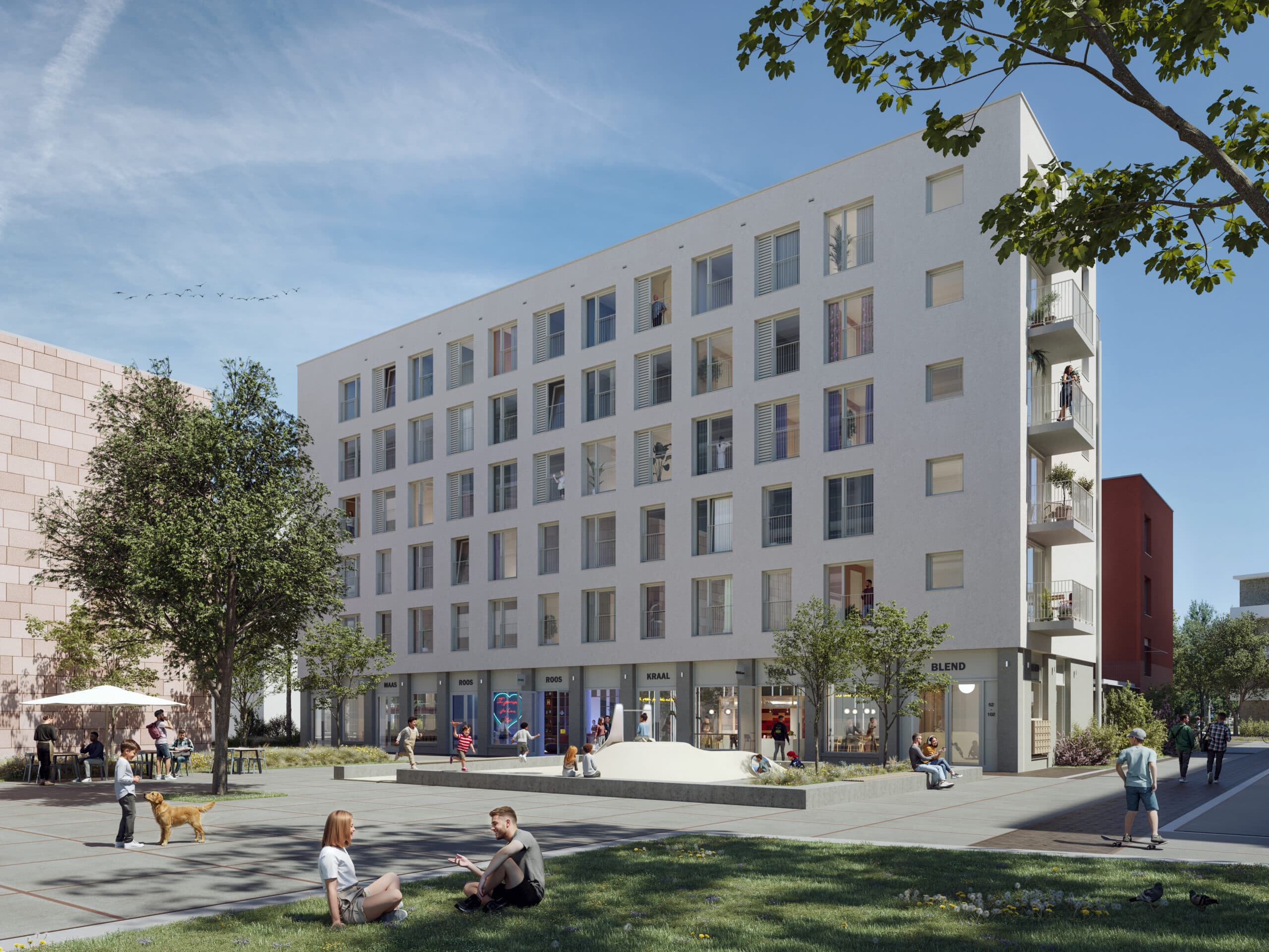 Impressie van het appartementengebouw van Blend aan een groen plein