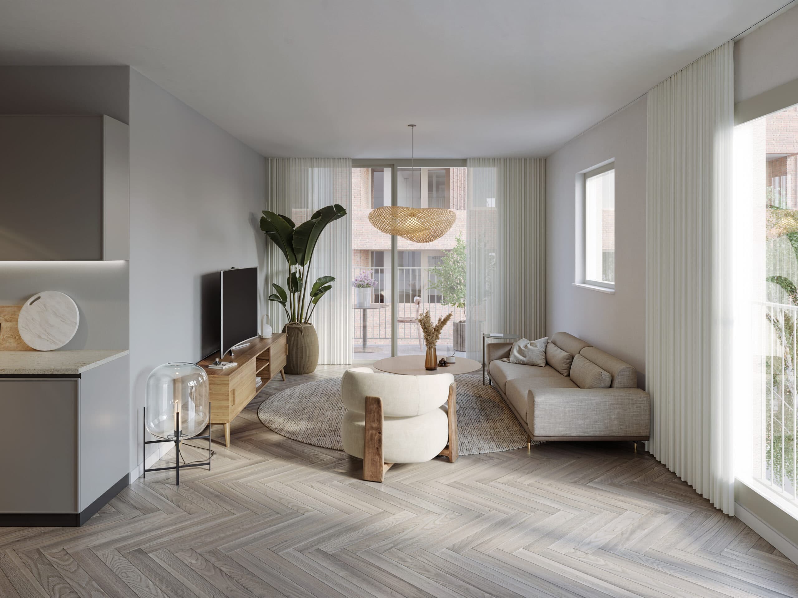 Impressie van een lichte woonkamer in een appartement van Blend